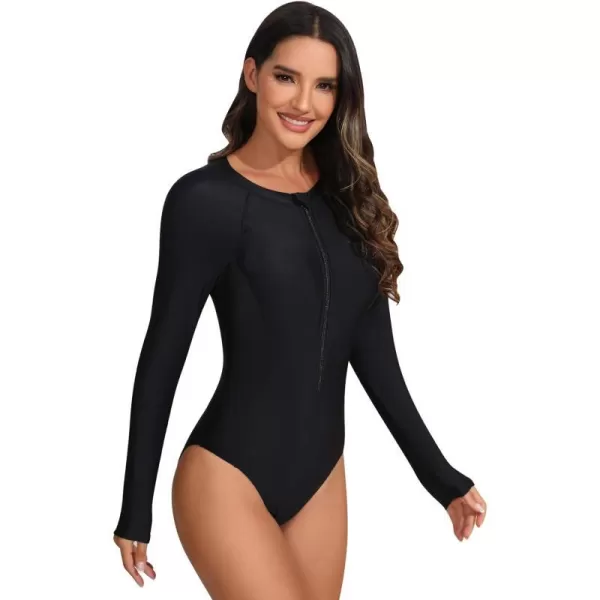 IDOPIP Women Rash Guard UPF 50 Long Sleeve One Piece Swimsuit Zipper Surfing Bathing Suit Color Block Monokini SwimwearBlack