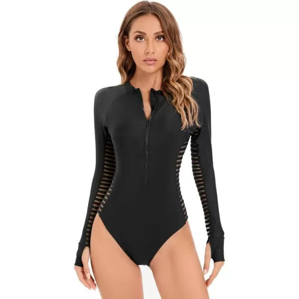 IDOPIP Women Rash Guard UPF 50 Long Sleeve One Piece Swimsuit Zipper Surfing Bathing Suit Color Block Monokini SwimwearBlack Striped