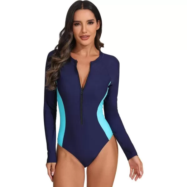 IDOPIP Women Rash Guard UPF 50 Long Sleeve One Piece Swimsuit Zipper Surfing Bathing Suit Color Block Monokini SwimwearNavy Blue  Blue