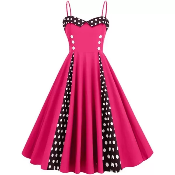 IDOPIP Women Vintage 1950s Retro Halter Cocktail Party Swing Dress Sleeveless Summer Wedding Guest Rockabilly Pinup DressesHot Pink Polka Dot