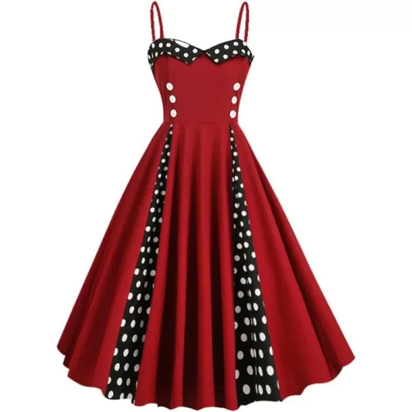 IDOPIP Women Vintage 1950s Retro Halter Cocktail Party Swing Dress Sleeveless Summer Wedding Guest Rockabilly Pinup DressesWine Red Polka Dot