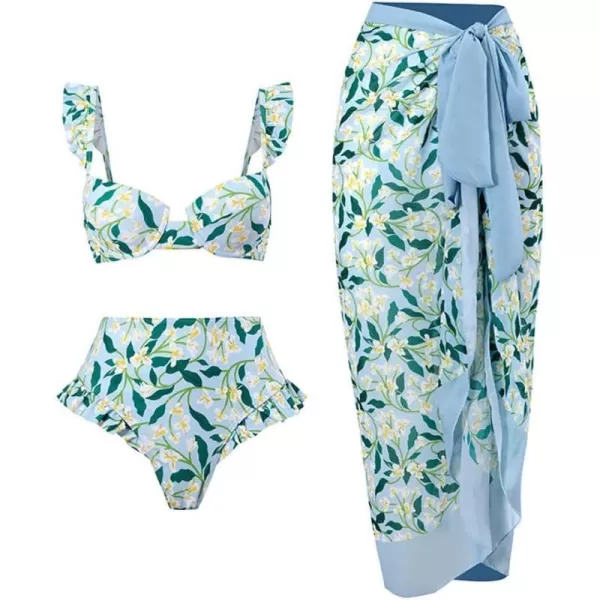 IDOPIP Womens 3 Pieces Swimsuit with Cover up Beach Skirt Sarongs and Two Piece Floral Printed Bikini Bra Set Bathing SuitBlue Floral 3pcs