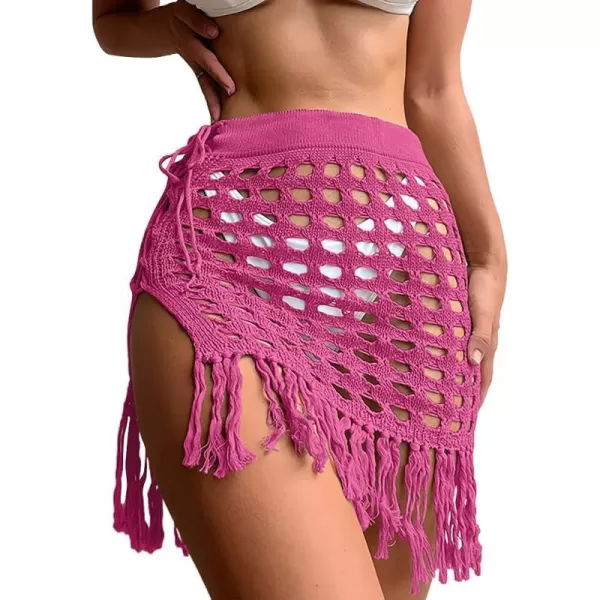 IDOPIP Womens Crochet Cover up Hollow Out Beach Sarongs Coverups Fringe Tassel Bikini Wrap Skirt Sheer Swimsuit Bathing SuitHot Pink