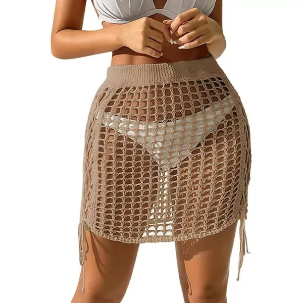 IDOPIP Womens Crochet Cover up Hollow Out Beach Sarongs Coverups Fringe Tassel Bikini Wrap Skirt Sheer Swimsuit Bathing SuitKhaki  Tie