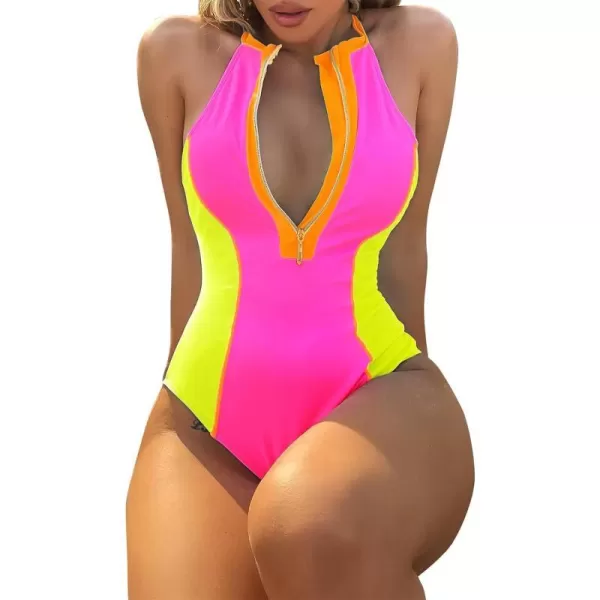 IDOPIP Womens One Piece Swimsuit Bathing Suit Tummy Control Color Block Swimwear Halter Front Zipper Monokini Beachwear SuitsHot Pink  Yellow