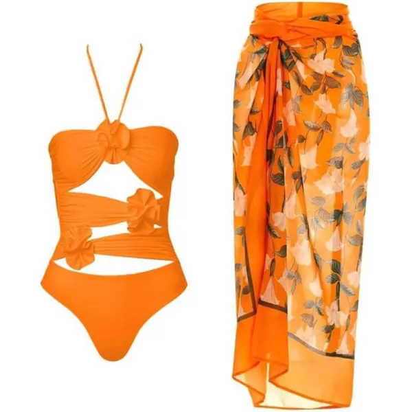 IDOPIP Womens One Piece Swimsuit with Beach Cover up Wrap Skirt Sarong Halter Floral Print Bikini Set Two Piece Bathing SuitOrange  Halter