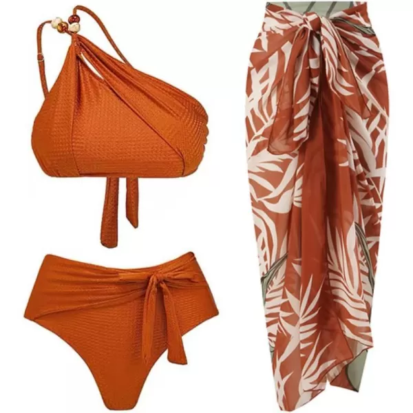 IDOPIP Womens One Piece Swimsuit with Beach Cover up Wrap Skirt Sarong Halter Floral Print Bikini Set Two Piece Bathing SuitOrange Brown 3pcs