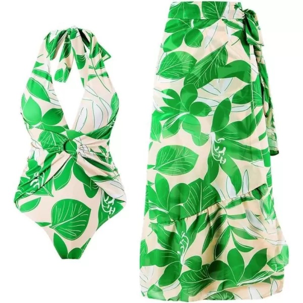 IDOPIP Womens One Piece Swimsuit with Beach Cover up Wrap Skirt Sarong Retro Floral Print Bikini Set Two Piece Bathing SuitGreen Leaves  Halter 2pcs