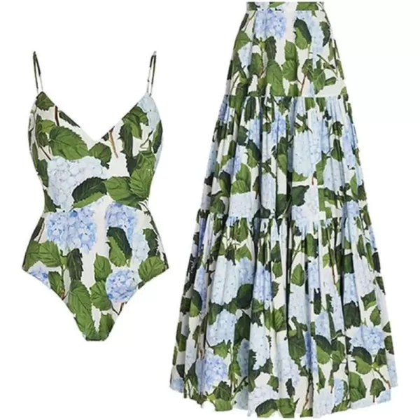 IDOPIP Womens One Piece Swimsuit with Beach Cover up Wrap Skirt Sarong Retro Floral Print Bikini Set Two Piece Bathing SuitsGreen Leaves 2pcs