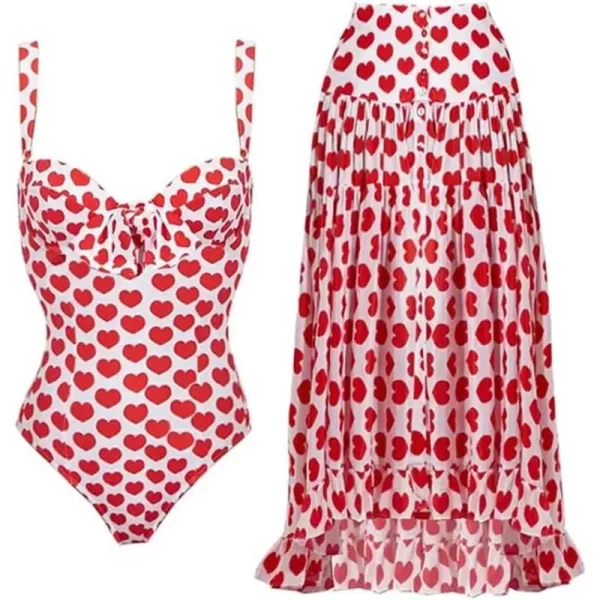 IDOPIP Womens One Piece Swimsuit with Beach Cover up Wrap Skirt Sarong Retro Floral Print Bikini Set Two Piece Bathing SuitsRed Heart 2pcs