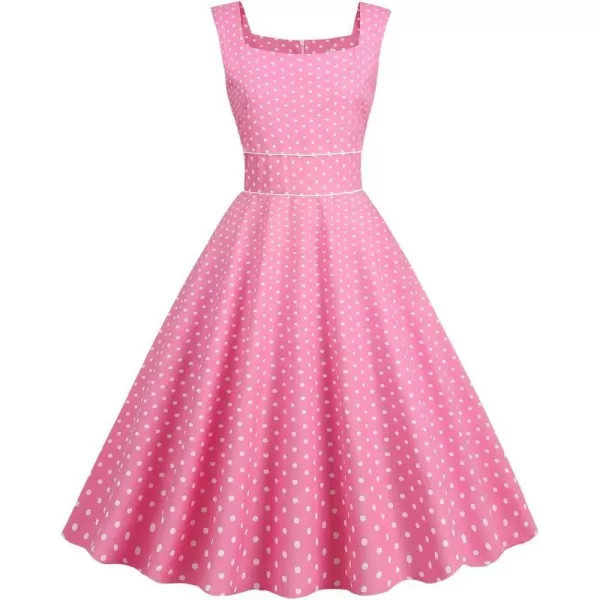 IDOPIP Womens Polka Dot Vintage Cocktail Party Swing Dress 1950s Retro Sleeveless Wedding Summer Casual Aline Midi DressesPink