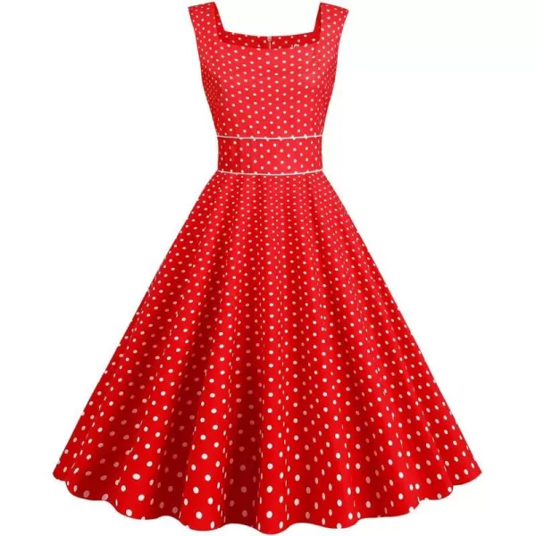 IDOPIP Womens Polka Dot Vintage Cocktail Party Swing Dress 1950s Retro Sleeveless Wedding Summer Casual Aline Midi DressesRed