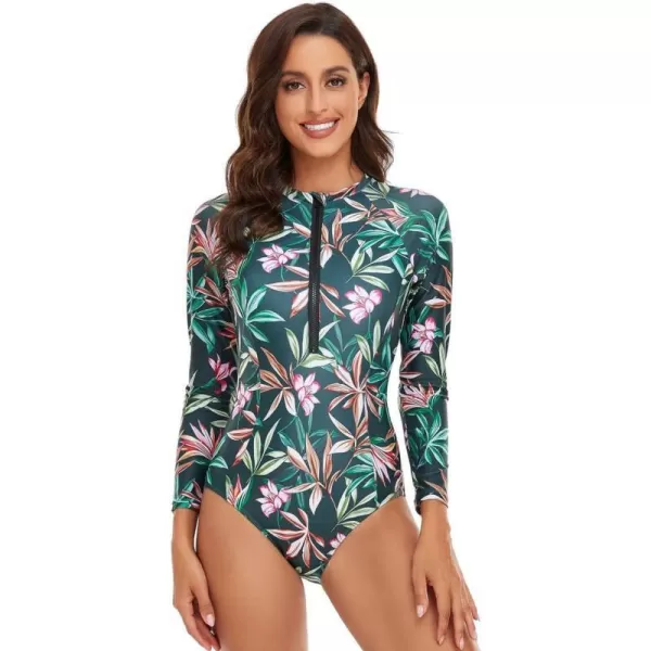 IDOPIP Womens Rash Guard Long Sleeve Swimsuit Zip Front UPF 50 Sun Protection Swim Shirt Surfing Tummy Control Bathing SuitGreen Floral