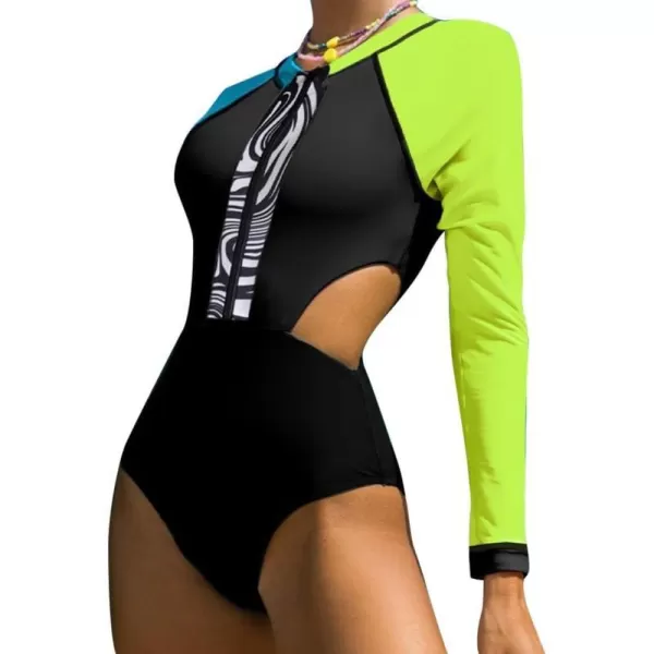 IDOPIP Womens Rash Guard One Piece Bathing Suit Tummy Control Swimsuits Zip Front Monokini Color Block Rash Guard SwimwearBlack  Fluorescent Green