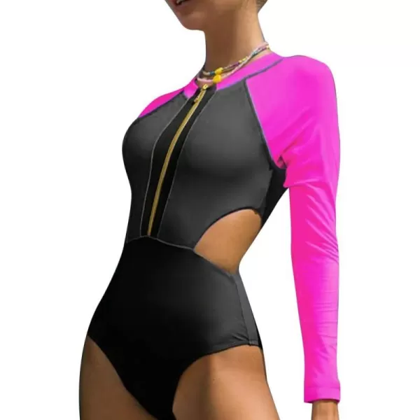 IDOPIP Womens Rash Guard One Piece Bathing Suit Tummy Control Swimsuits Zip Front Monokini Color Block Rash Guard SwimwearBlack  Hot Pink