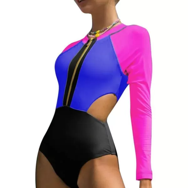 IDOPIP Womens Rash Guard One Piece Bathing Suit Tummy Control Swimsuits Zip Front Monokini Color Block Rash Guard SwimwearDark Blue  Hot Pink