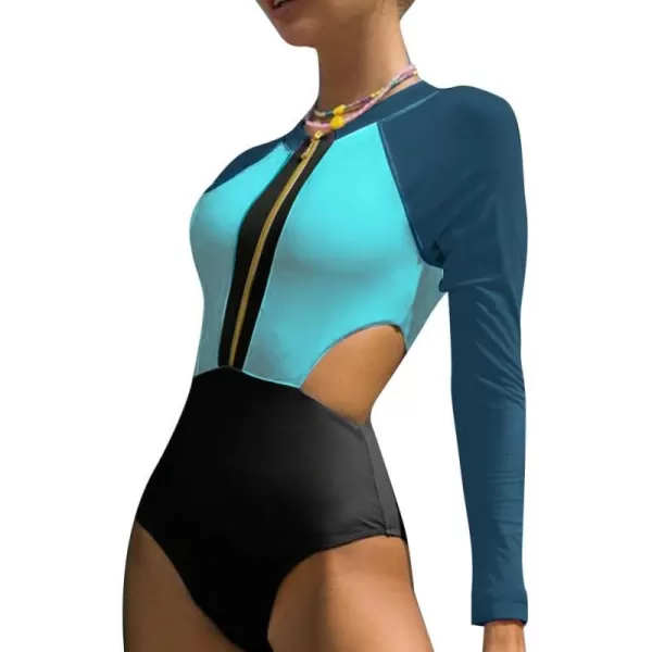 IDOPIP Womens Rash Guard One Piece Bathing Suit Tummy Control Swimsuits Zip Front Monokini Color Block Rash Guard SwimwearDark Cyan  Blue