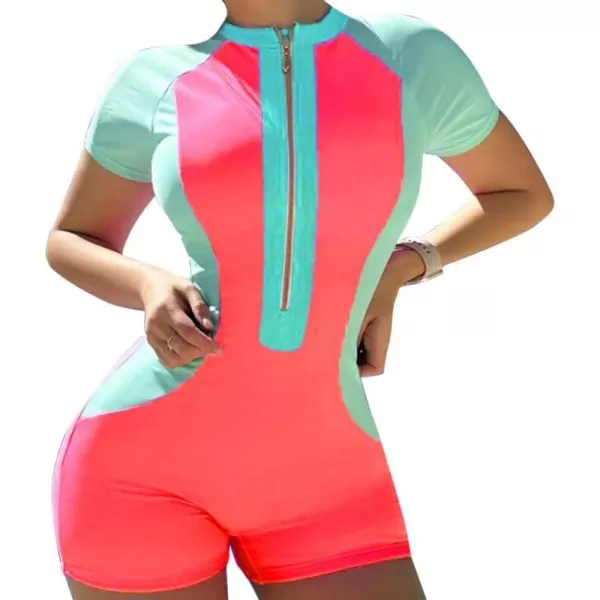 IDOPIP Womens Rash Guard One Piece Bathing Suit Tummy Control Swimsuits Zip Front Monokini Color Block Rash Guard SwimwearDark Pink  Aqua