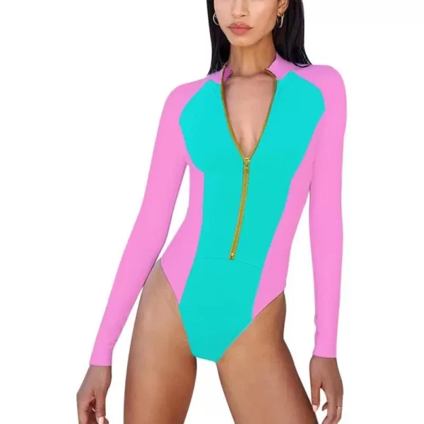 IDOPIP Womens Rash Guard One Piece Bathing Suit Tummy Control Swimsuits Zip Front Monokini Color Block Rash Guard SwimwearPink  Green