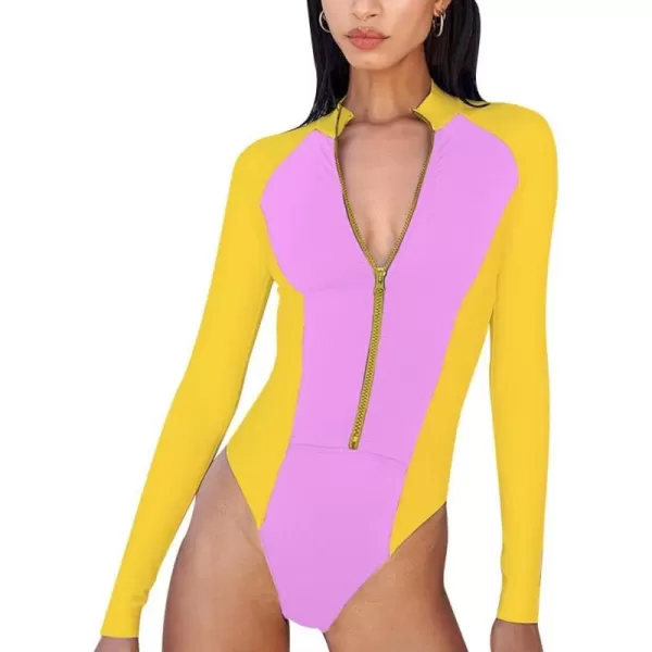 IDOPIP Womens Rash Guard One Piece Bathing Suit Tummy Control Swimsuits Zip Front Monokini Color Block Rash Guard SwimwearYellow  Purplepink