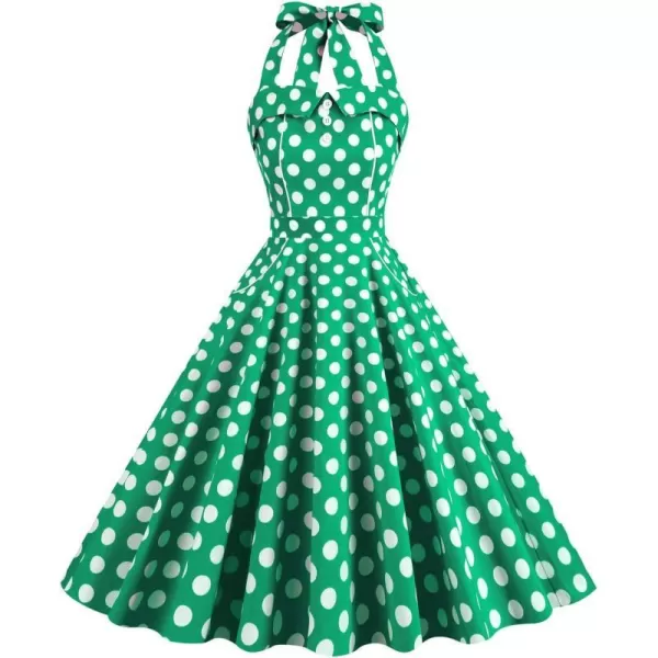 IDOPIP Womens Summer Vintage 1950s Dress Halter Retro Polka Dot Cocktail Party Swing Dresses Wedding Formal Aline Midi GownGreen