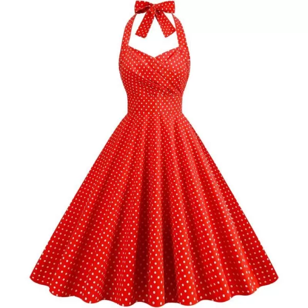 IDOPIP Womens Summer Vintage 1950s Dress Halter Retro Polka Dot Cocktail Party Swing Dresses Wedding Formal Aline Midi GownRed  Wrap Vneck