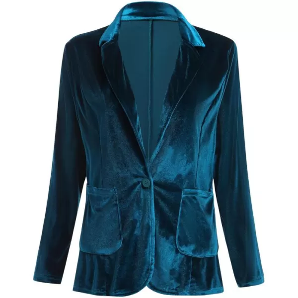 IDOPIP Womens Velvet Blazer Jacket Long Sleeve Lapel Open Front Cardigan Coat Casual Office Blazer Jacket Suits with PocketsPeacock Blue