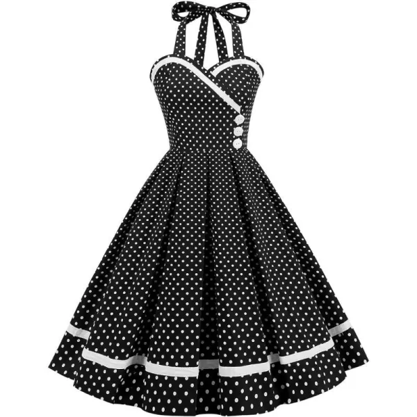 IDOPIP Womens Vintage 1950s Cocktail Party Swing Dress Summer Sleeveless Halter Retro Wedding Formal Aline Midi DressesBlack Polka Dot  Sweetheart