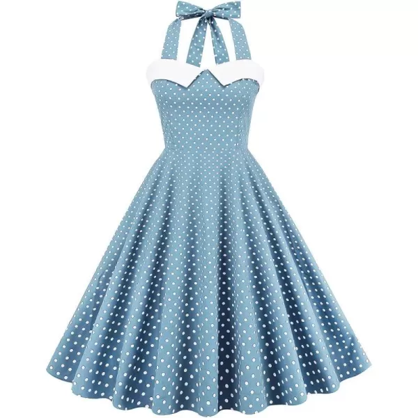 IDOPIP Womens Vintage 1950s Cocktail Party Swing Dress Summer Sleeveless Halter Retro Wedding Formal Aline Midi DressesLight Blue Polka Dot