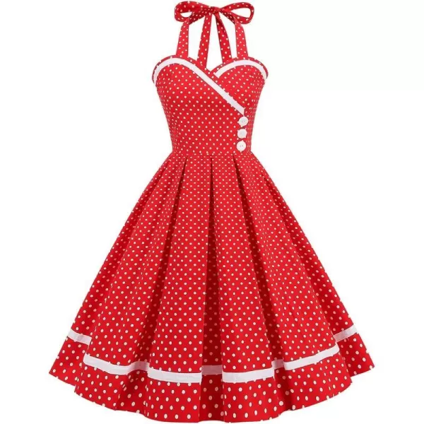 IDOPIP Womens Vintage 1950s Cocktail Party Swing Dress Summer Sleeveless Halter Retro Wedding Formal Aline Midi DressesRed Polka Dot  Sweetheart