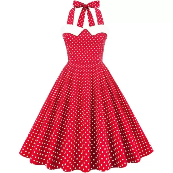 IDOPIP Womens Vintage 1950s Cocktail Party Swing Dress Summer Sleeveless Halter Retro Wedding Formal Aline Midi DressesRed Polka Dot