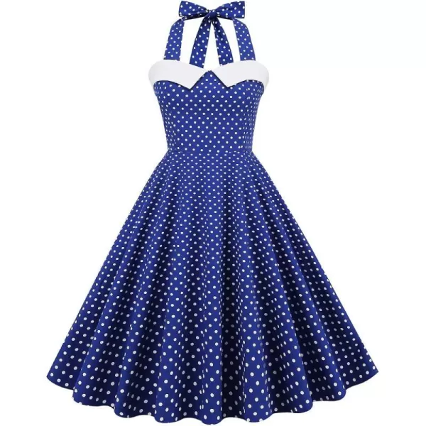 IDOPIP Womens Vintage 1950s Cocktail Party Swing Dress Summer Sleeveless Halter Retro Wedding Formal Aline Midi DressesRoyal Blue Polka Dot