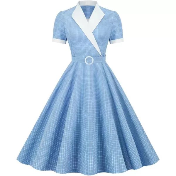 IDOPIP Womens Vintage 1950s Retro Cocktail Party Swing Dresses Summer Short Sleeve VNeck Rockabilly Aline Gown with BeltBlue Plaid