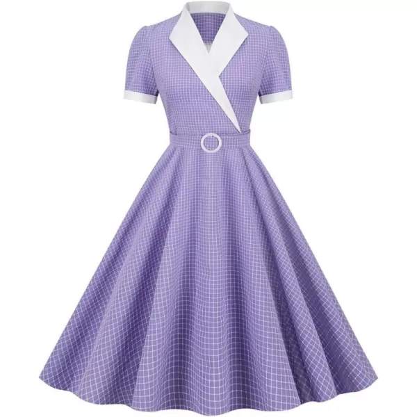 IDOPIP Womens Vintage 1950s Retro Cocktail Party Swing Dresses Summer Short Sleeve VNeck Rockabilly Aline Gown with BeltPurple Plaid