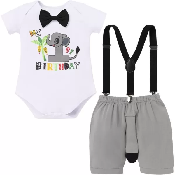 Jungle Theme 1st Birthday Outfit for Baby Boy Safari Animals Romper Suspenders Shorts with Tail Clothes Set for PhotoElephant