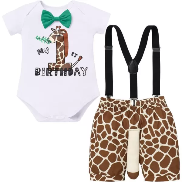 Jungle Theme 1st Birthday Outfit for Baby Boy Safari Animals Romper Suspenders Shorts with Tail Clothes Set for PhotoGiraffe