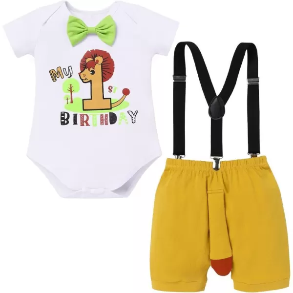 Jungle Theme 1st Birthday Outfit for Baby Boy Safari Animals Romper Suspenders Shorts with Tail Clothes Set for PhotoLion