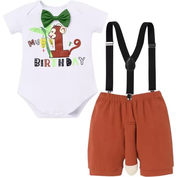 Jungle Theme 1st Birthday Outfit for Baby Boy Safari Animals Romper Suspenders Shorts with Tail Clothes Set for PhotoMonkey