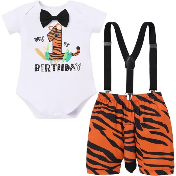 Jungle Theme 1st Birthday Outfit for Baby Boy Safari Animals Romper Suspenders Shorts with Tail Clothes Set for PhotoTiger