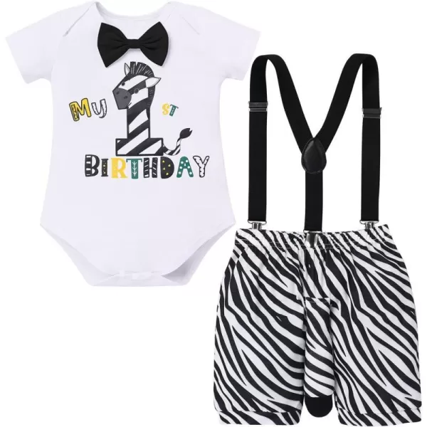 Jungle Theme 1st Birthday Outfit for Baby Boy Safari Animals Romper Suspenders Shorts with Tail Clothes Set for PhotoZebra