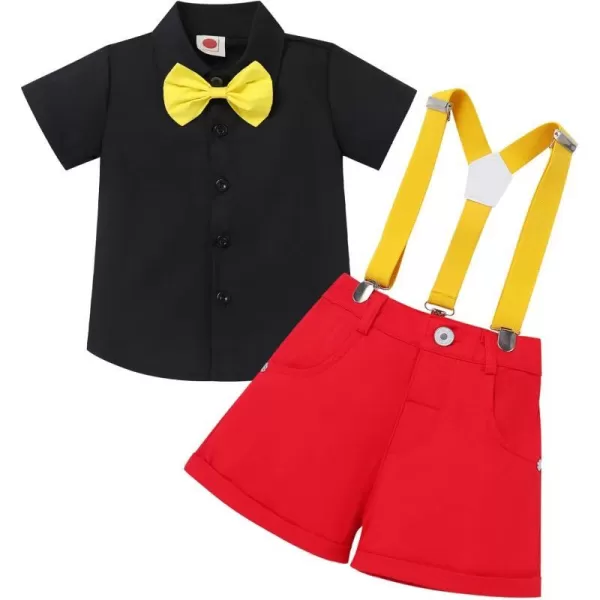 Kids Baby Boys Birthday Cake Smash Outfit Gentleman Necktie Shirt Suspenders Shorts Mouse Ears Halloween Christmas CostumeBlack  Red 4pcs