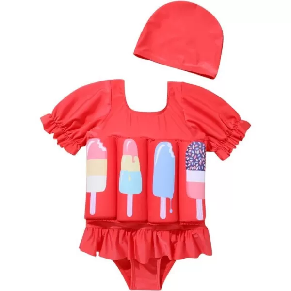 Kids Boys Girls Floatation Swimsuit with Adjustable Buoyancy Baby Float Suit Swim Vest One Piece Swimwear Bathing SuitRed Ice Cream