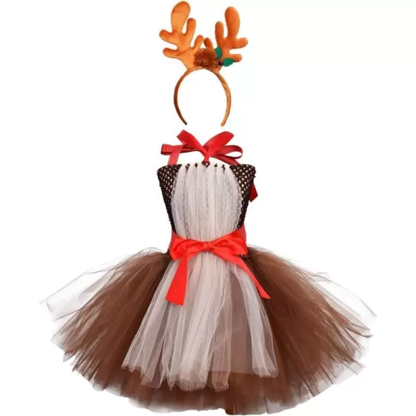 Kids Girls Christmas Party Dress Santa Deer Giraffe Costume Crochet Ruffle Tutu Skirt with Headband Birthday Outfit SetBrown  White Reindeer