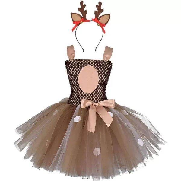 Kids Girls Christmas Party Dress Santa Deer Giraffe Costume Crochet Ruffle Tutu Skirt with Headband Birthday Outfit SetBrown Reindeer