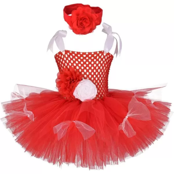 Kids Girls Christmas Party Dress Santa Deer Giraffe Costume Crochet Ruffle Tutu Skirt with Headband Birthday Outfit SetRed Flower