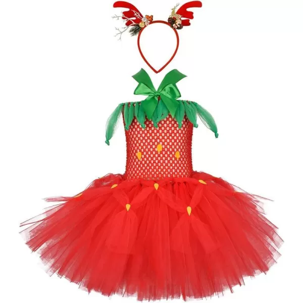 Kids Girls Christmas Party Dress Santa Deer Giraffe Costume Crochet Ruffle Tutu Skirt with Headband Birthday Outfit SetRed Reindeer