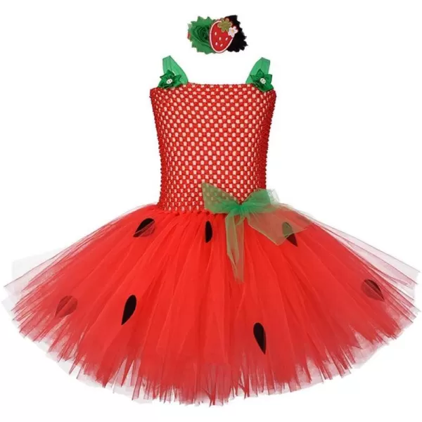 Kids Girls Christmas Party Dress Santa Deer Giraffe Costume Crochet Ruffle Tutu Skirt with Headband Birthday Outfit SetRed Strawberry