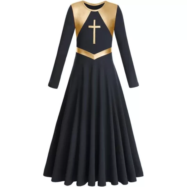 Kids Girls Metallic Cross Praise Dance Dress Liturgical Lyrical Dancewear Color Block Long Sleeve Worship Dance DressesBlack