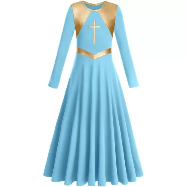 Kids Girls Metallic Cross Praise Dance Dress Liturgical Lyrical Dancewear Color Block Long Sleeve Worship Dance DressesBlue