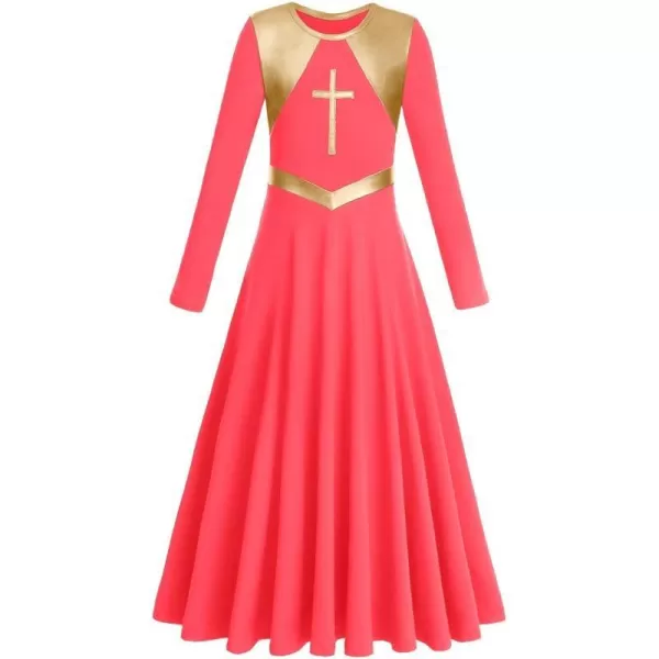 Kids Girls Metallic Cross Praise Dance Dress Liturgical Lyrical Dancewear Color Block Long Sleeve Worship Dance DressesFluorescent Orange